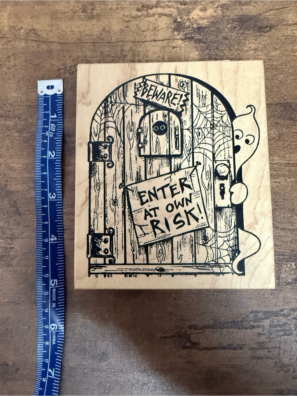 Wooden Halloween Mounted Stamp - 'Enter At Own Risk' Ghost Design